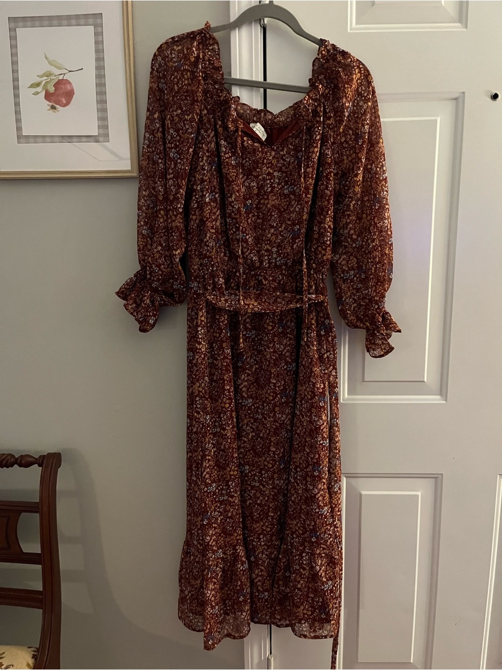 Brown Floral Long Sleeve Midi Dress